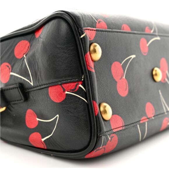 Auth Saint Laurent Calfskin Cherry Print 2way Classic Baby Duffle Bag Black Red - Picture 11 of 15